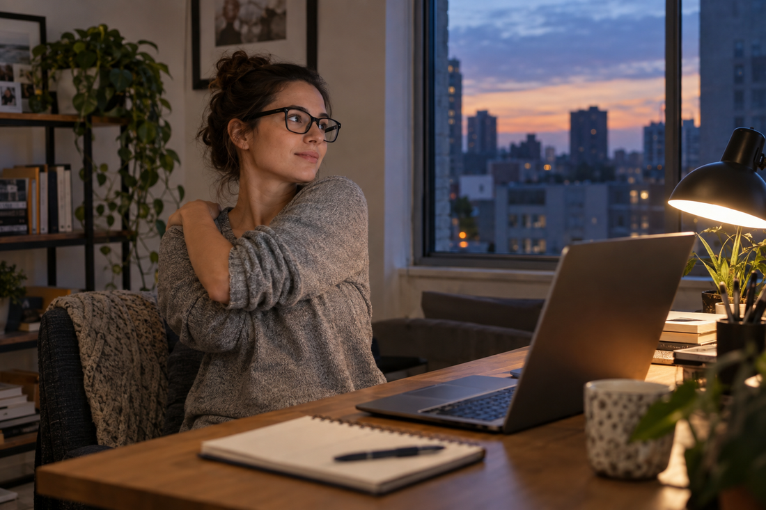 Woman wearing black glasses at a city apartment workspace at dusk