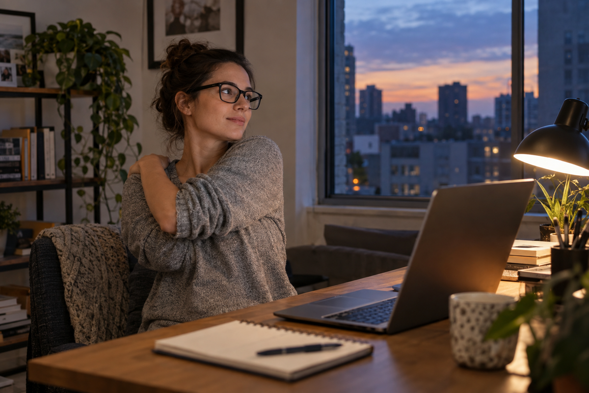Woman wearing black glasses at a city apartment workspace at dusk