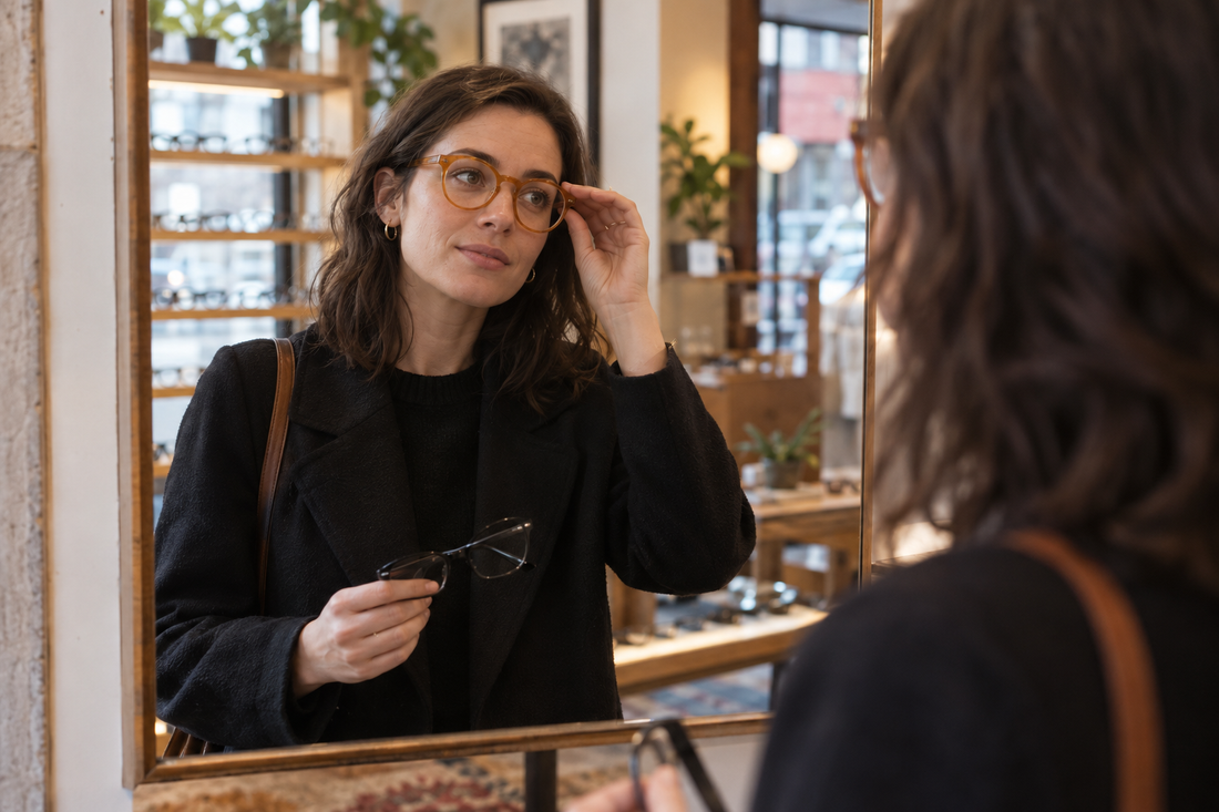 Woman trying amber round glasses in a city eyewear boutique