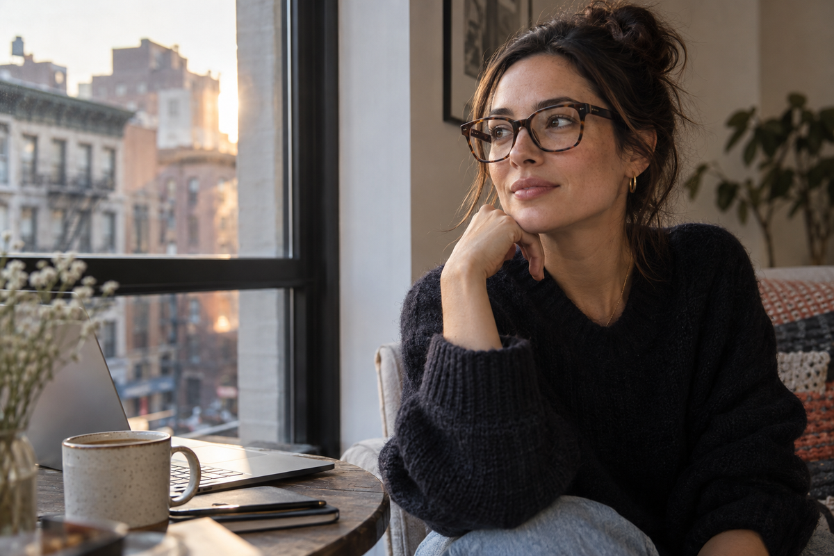 Woman wearing tortoise glasses beside a city apartment window